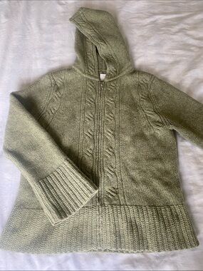 Vintage J. Crew 100% Wool Green Cable-Knit Hooded Zip-up Sweater